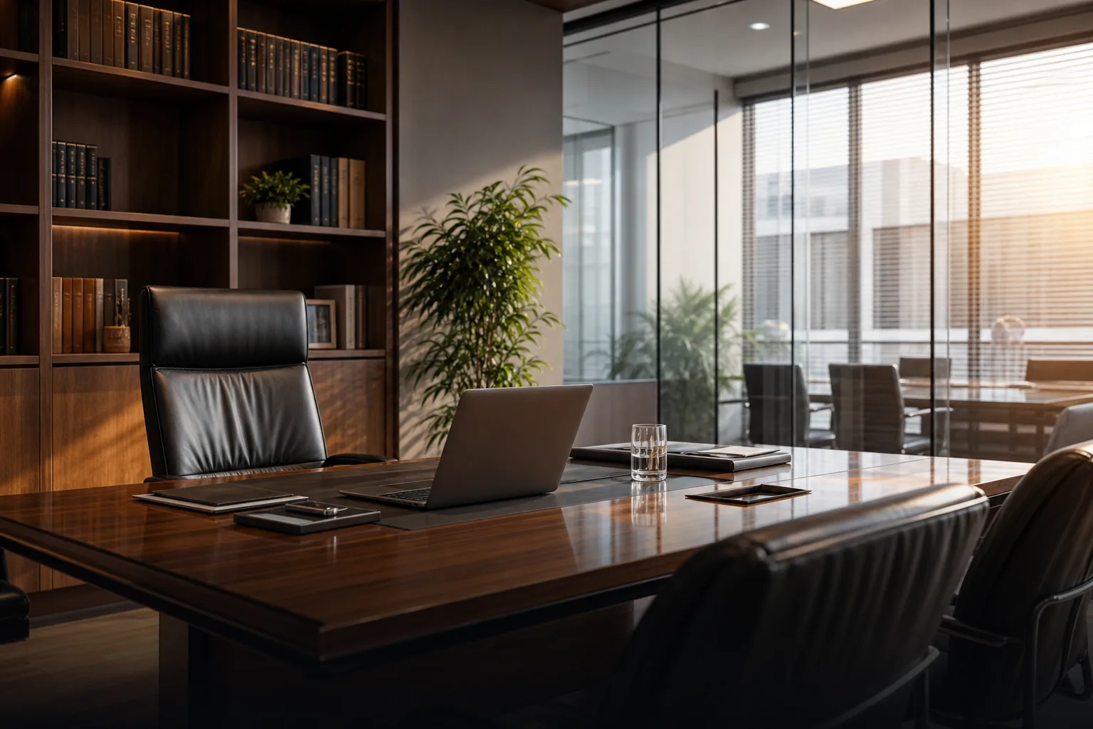 Elegant professional services office with desk and laptop